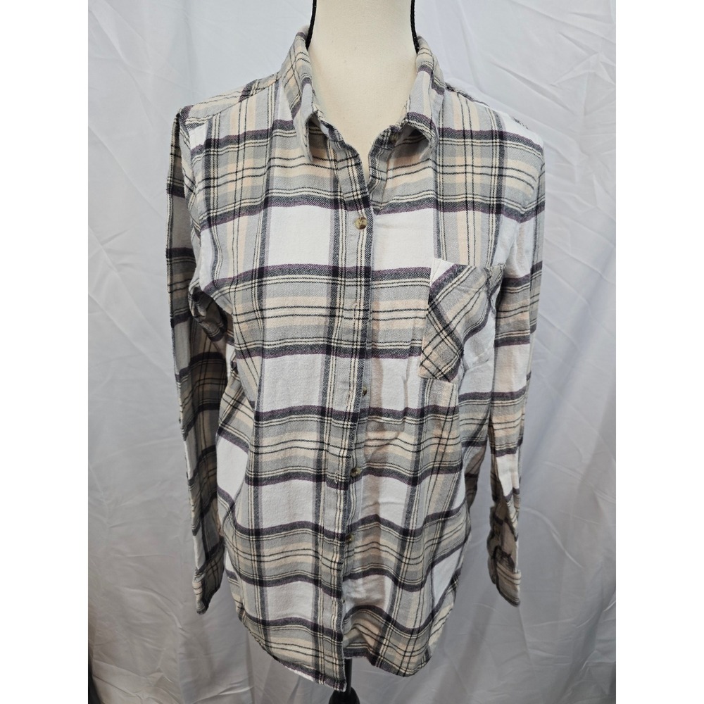 Lucky Brand Womens Plaid Flannel Button Down Shirt Purple Cream Tan Size Medium